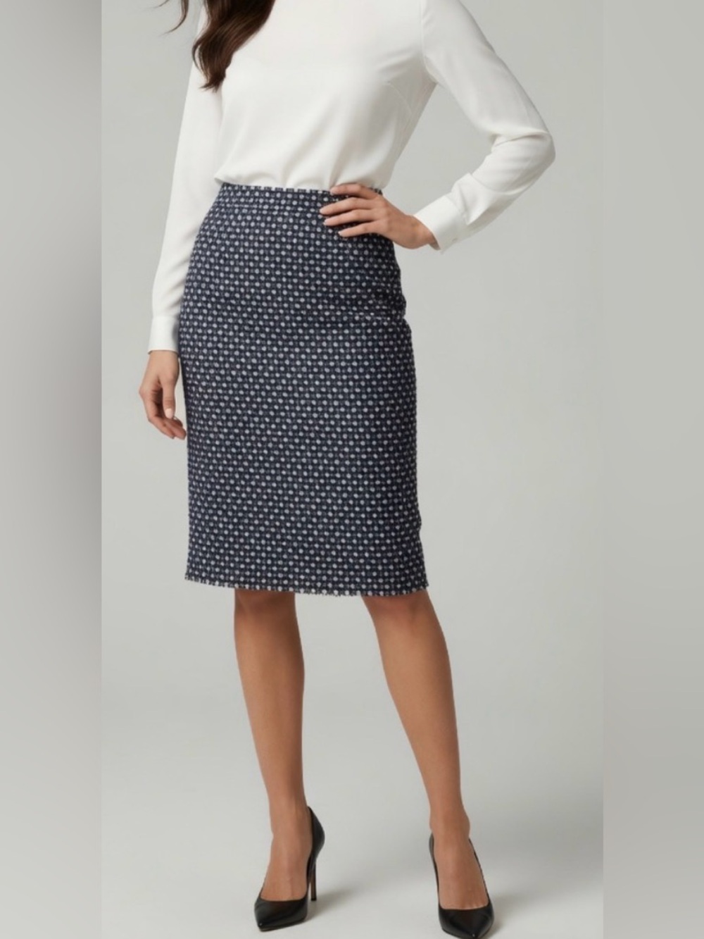 Banana Republic Navy and White Tweed Midi Skirt